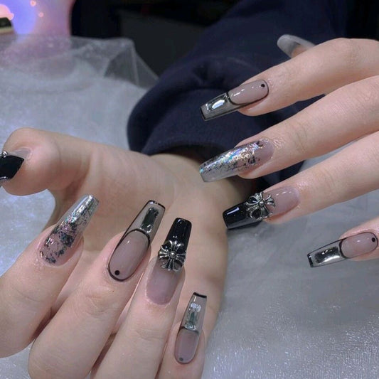 Designer: DuoDuo 3013.Handmade nails Press on Nails DIY Nail Art for woman girl French Long Coffin black