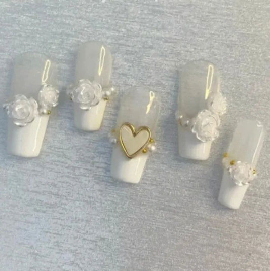 Designer: PinPin 3019.Handmade nails Press on Nails DIY Nail Art for woman girl French Long Coffin white