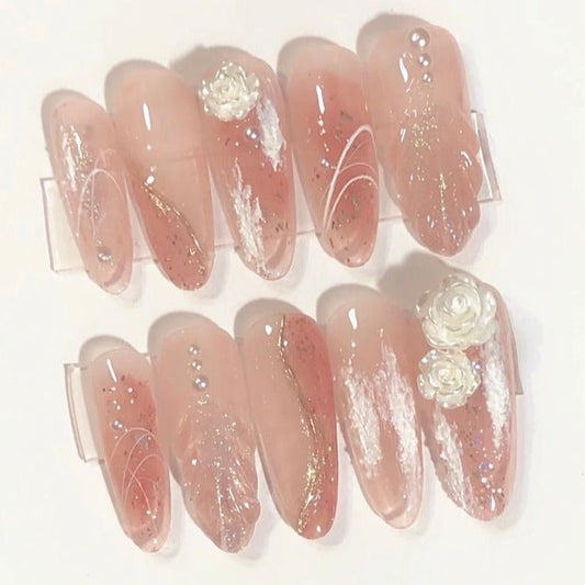 Designer: PinPin 3008.Handmade nails Press on Nails DIY Nail Art for woman girl Almond Long pink