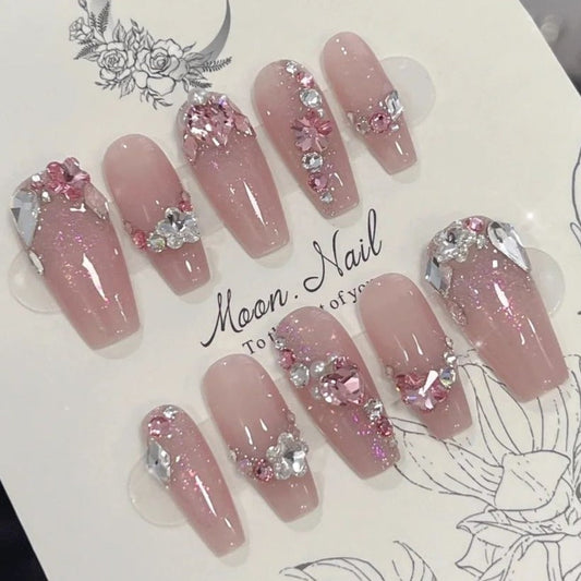 Designer: PinPin 1247.Handmade nails Press on Nails DIY Nail Art for woman girl Long Coffin rhinestone pink