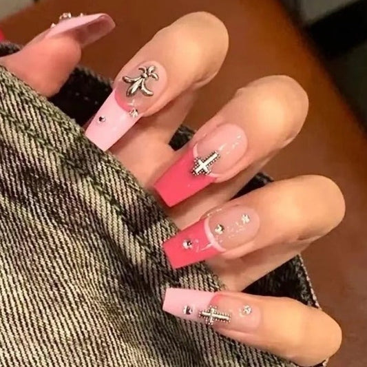 Designer: DuoDuo 1232.Handmade nails Press on Nails DIY Nail Art for woman girl French  Long Coffin pink