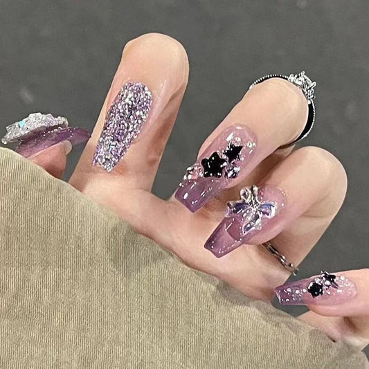 Designer: DuoDuo 1100.Handmade nails Press on Nails DIY Nail Art for woman girl Long Coffin purple wedding