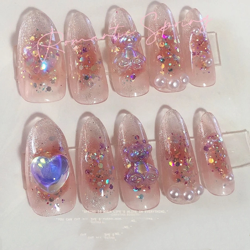 Designer: PinPin 1228.Handmade nails Press on Nails DIY Nail Art for woman girl Almond Long pink