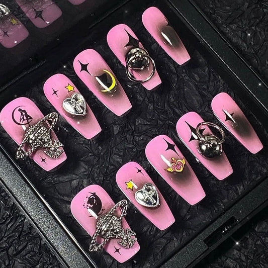 Designer: PinPin 1416.Handmade nails Press on Nails DIY Nail Art for woman girl  Long Coffin pink Metal