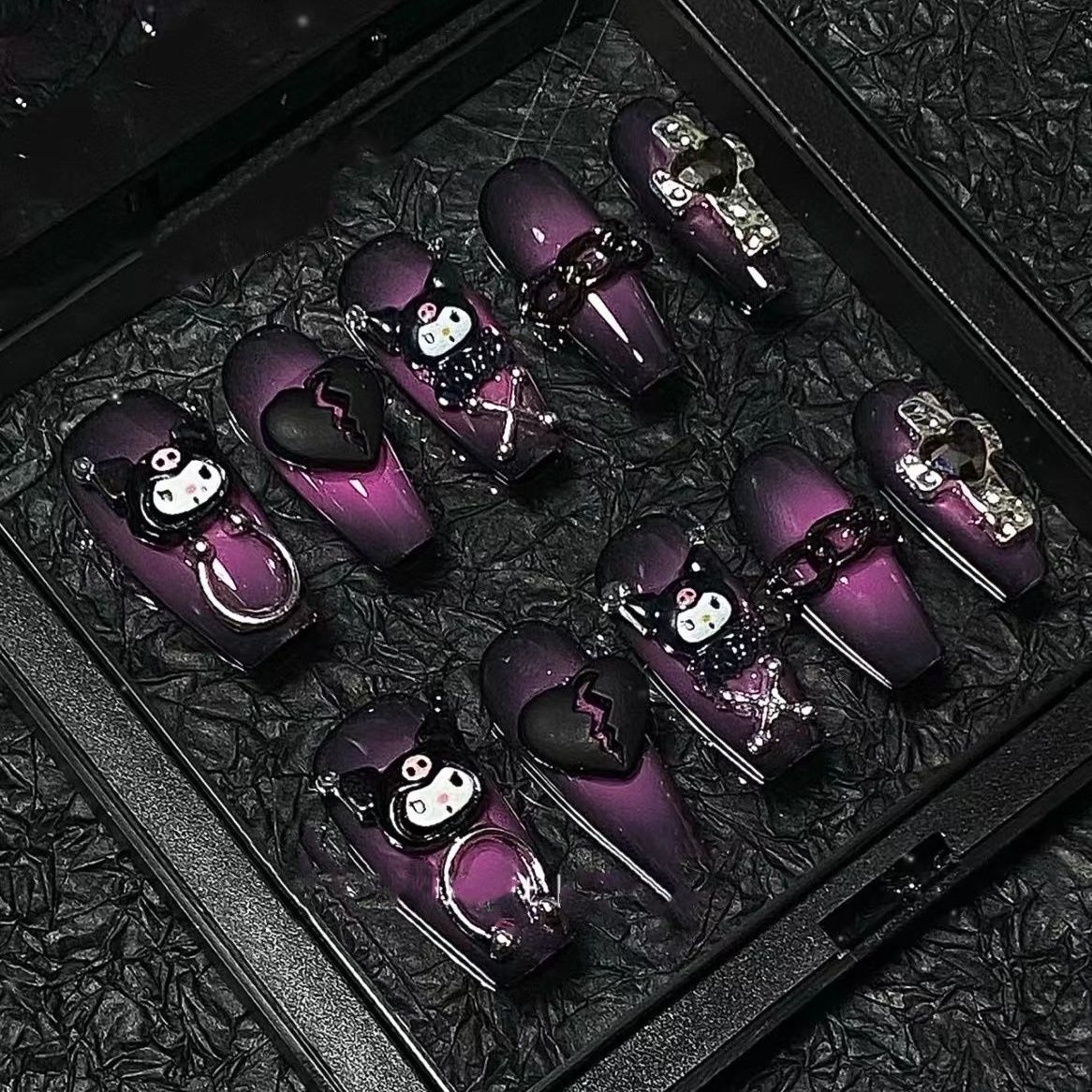 Designer: PinPin 1411.Handmade nails Press on Nails DIY Nail Art for woman girl Long Coffin purple black Metal Cartoon