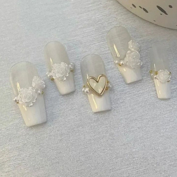 Designer: PinPin 3019.Handmade nails Press on Nails DIY Nail Art for woman girl French Long Coffin white