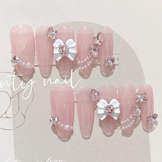 Designer: PinPin 3016.Handmade nails Press on Nails DIY Nail Art for woman girl Almond Long pink wedding