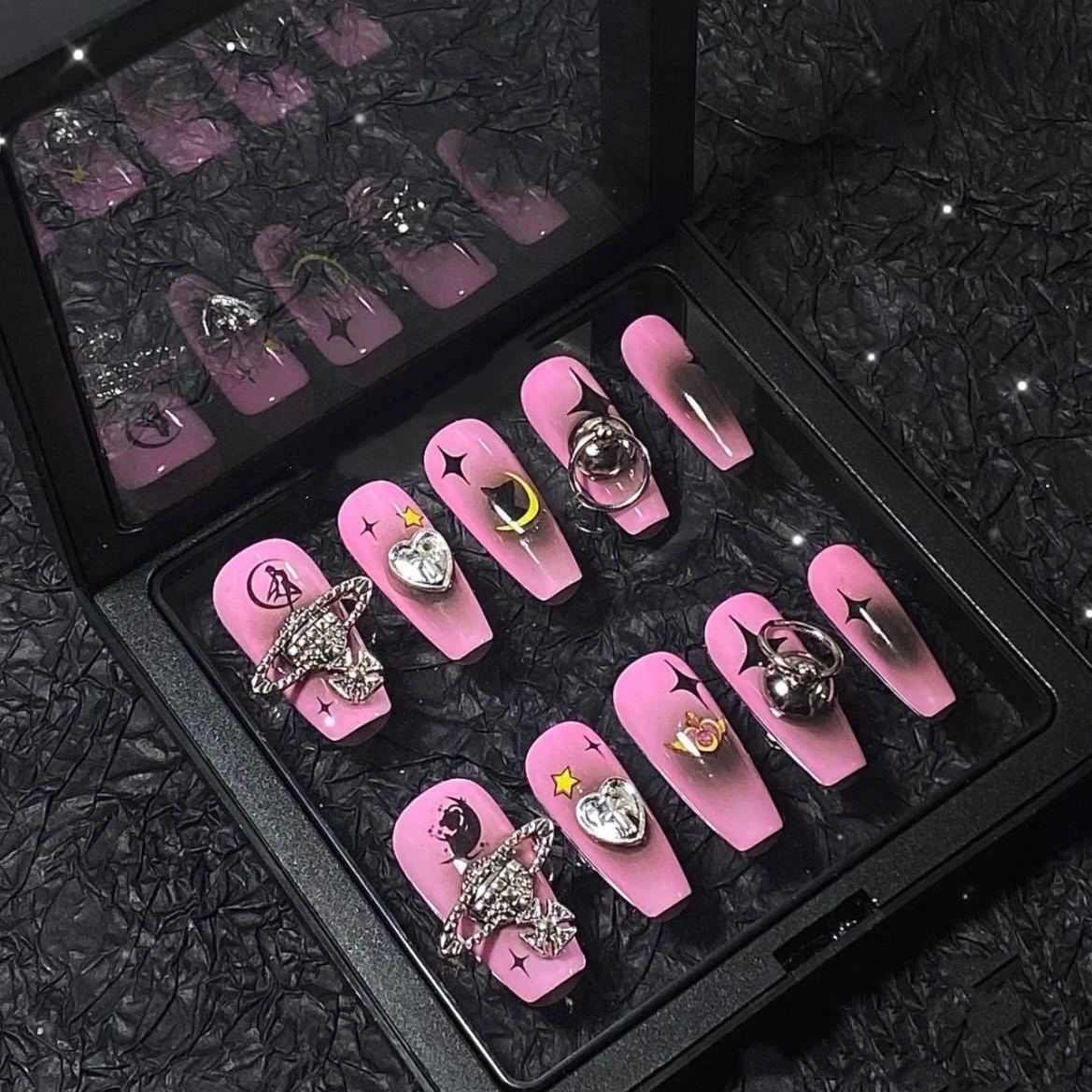 Designer: PinPin 1416.Handmade nails Press on Nails DIY Nail Art for woman girl  Long Coffin pink Metal