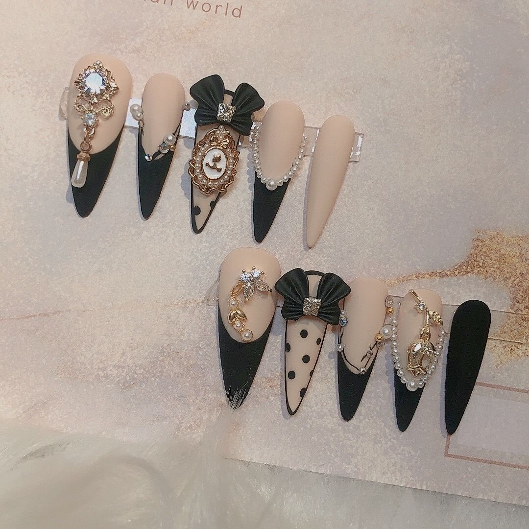 Designer: PinPin 1010.Handmade nails Press on Nails DIY Nail Art for woman girl Almond Long black