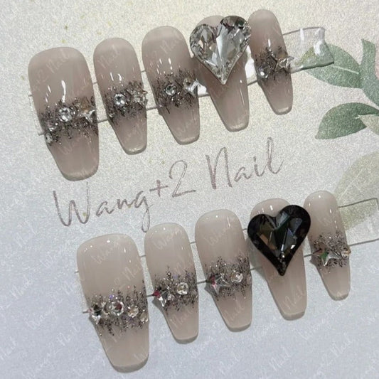 Designer: PinPin 3023.Handmade nails Press on Nails DIY Nail Art for woman girl Long Coffin gray