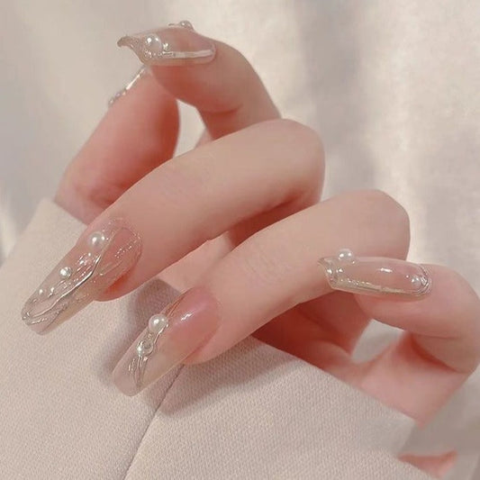 Designer: DuoDuo 1314.Handmade nails Press on Nails DIY Nail Art for woman girl Long Coffin pink wedding