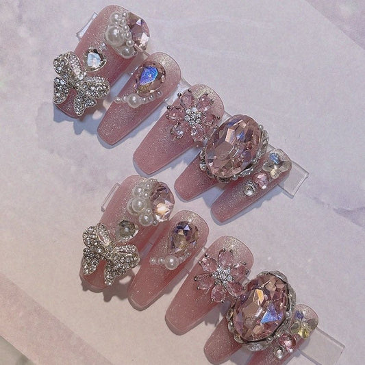 Designer: PinPin 1016.Handmade nails Press on Nails DIY Nail Art for woman girl Long Coffin pink