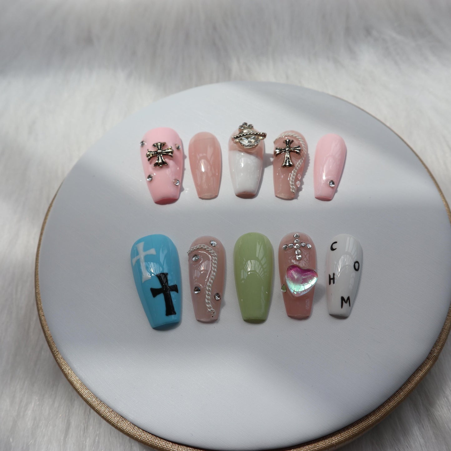 Designer: XinXin 38.Goth chrome cross heart colourful handmade nails Press on Nails DIY Nail Art