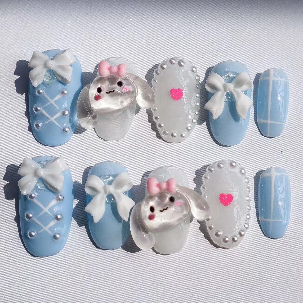 90-94.BabyCinnamoroll pink blue handmade nails Press on Nails DIY Nail Art 91 92 93