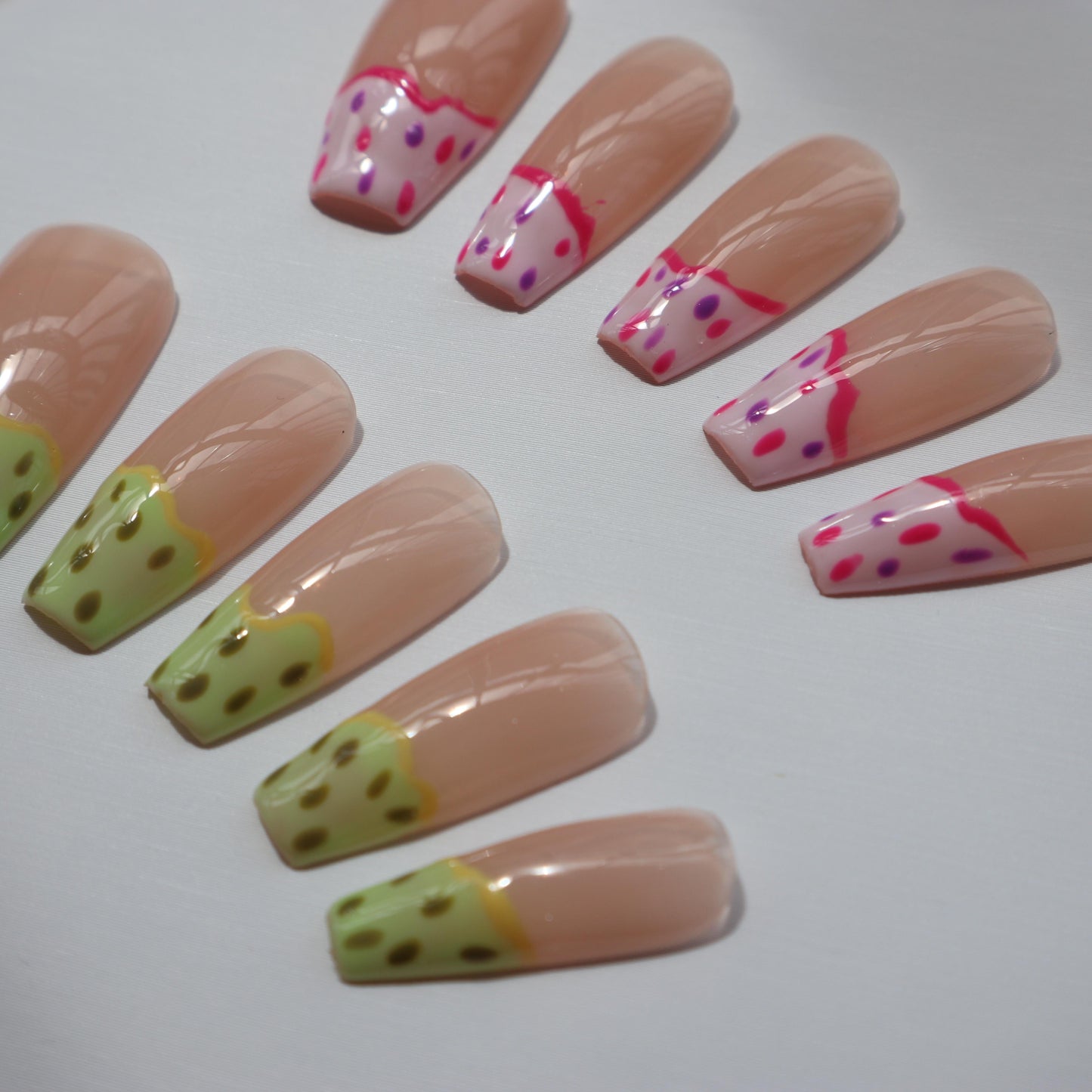 Designer: XinXin 46.Painting pink pitaya long T handmade nails Press on Nails DIY Nail