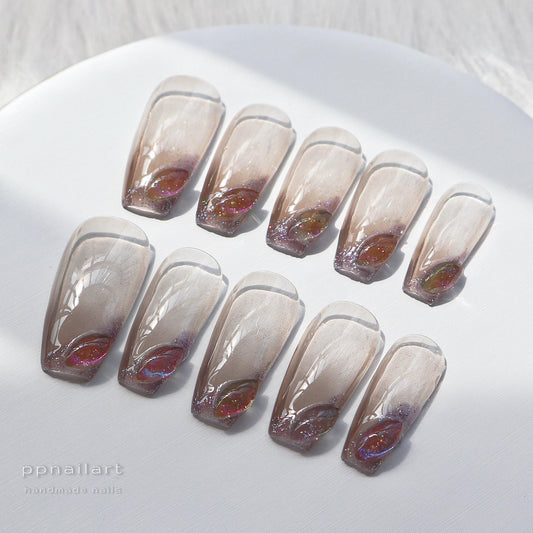 Designer: XinXin 31.Fading long T handmade nails Press on Nails DIY Nail Art