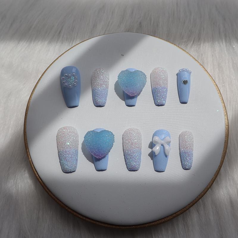 Designer: XinXin 41.Blue frosted heart bow-knot handmade nails Press on Nails DIY Nail Art