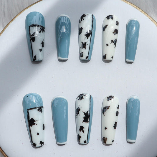 Designer: XinXin 18. Blue white cow pattern painting Long T  handmade nails Press on Nails DIY Nail Art