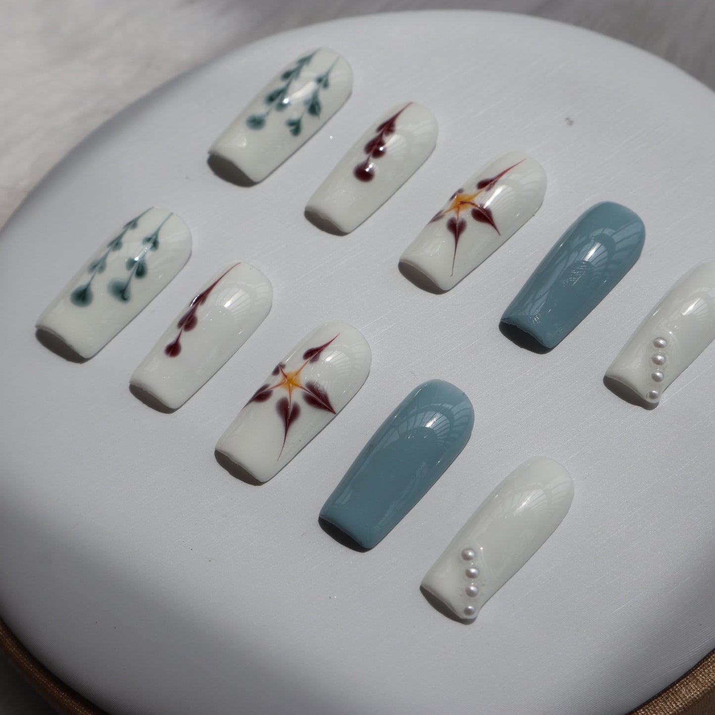 Designer: XinXin 19. Paiting blue White handmade nails Press on Nails DIY Nail Art