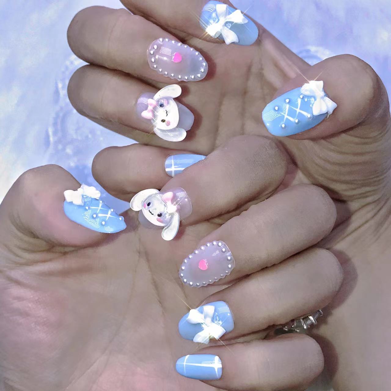 90-94.BabyCinnamoroll pink blue handmade nails Press on Nails DIY Nail Art 91 92 93