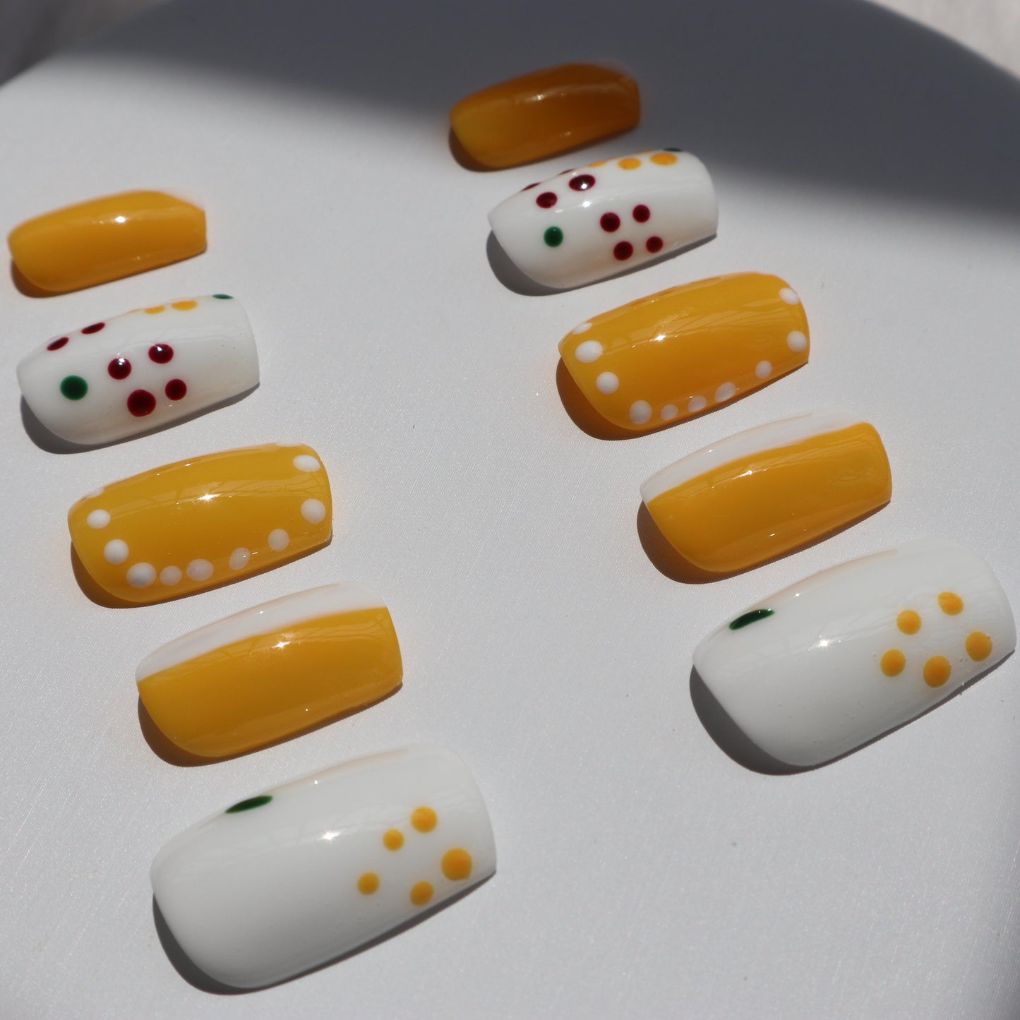 Designer: XinXin 12. Yellow white spot handmade nails Press on Nails DIY Nail Art