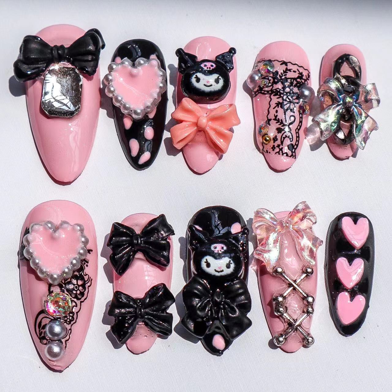 Designer: XinXin 86-88. Kuromi pink purple black handmade nails Press on Nails DIY Nail Art 87