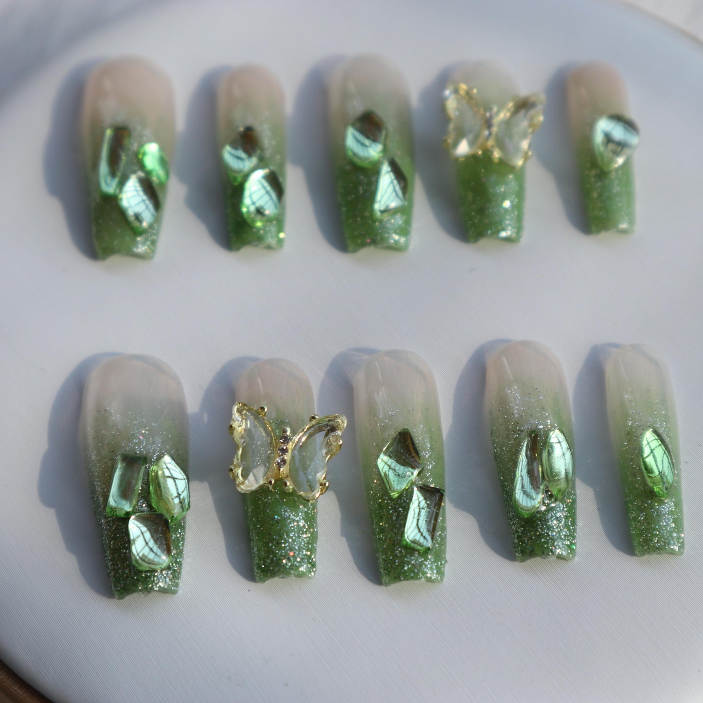 Designer: XinXin 72.Green Shining long T handmade nails Press on Nails DIY Nail