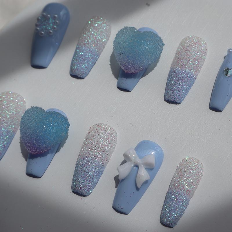 Designer: XinXin 41.Blue frosted heart bow-knot handmade nails Press on Nails DIY Nail Art