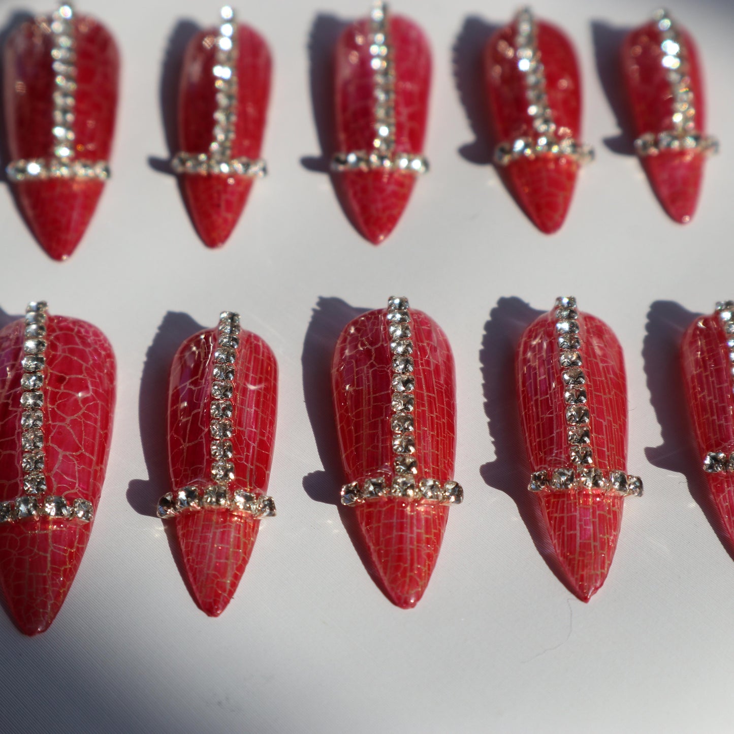 Designer: XinXin 66.Red rhinestones almond handmade nails Press on Nails DIY Nail