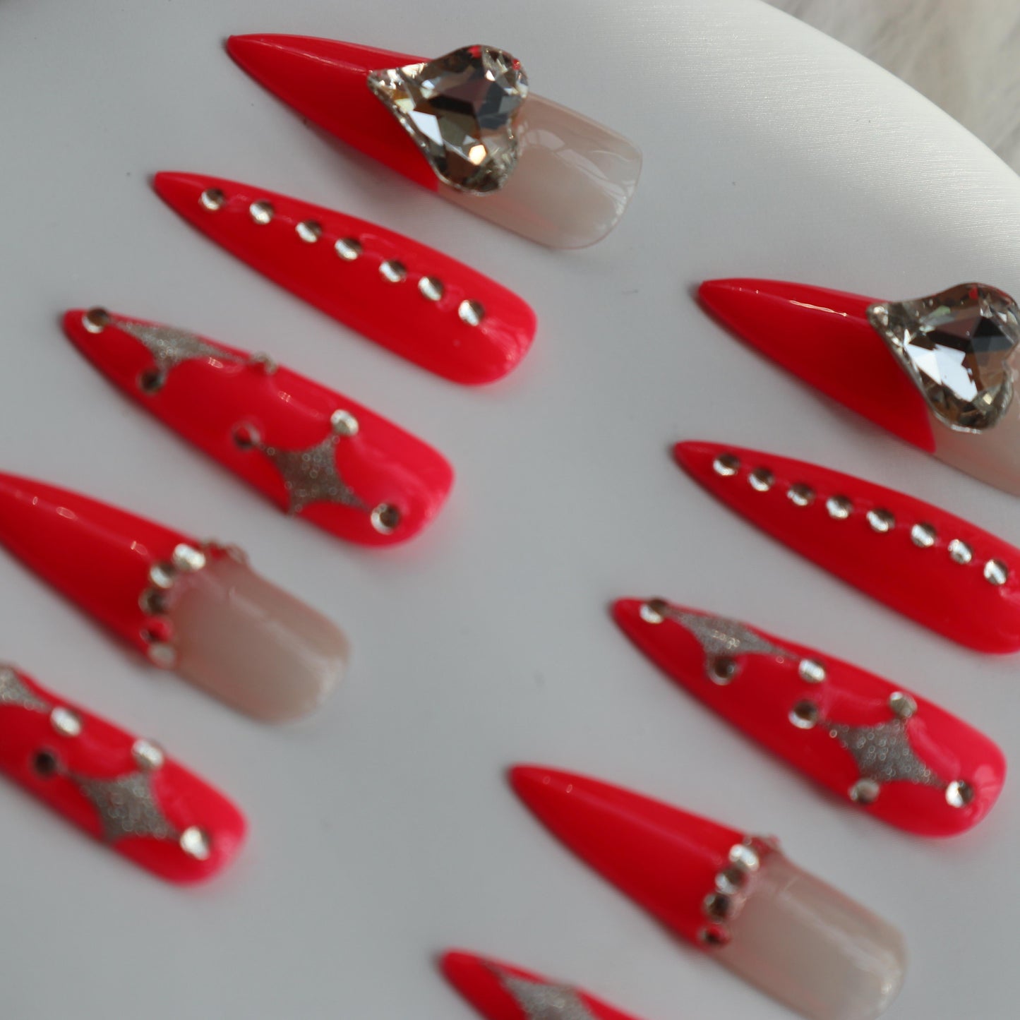 Designer: XinXin 67.Red rhinestones heart almond handmade nails Press on Nails DIY Nail