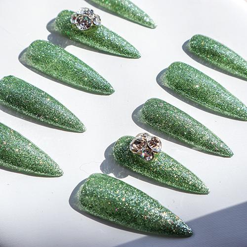 Designer: XinXin 76.Green rhinestone Shining handmade nails Press on Nails DIY Nail