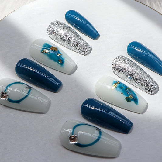 Designer: XinXin 16. Paiting blue shining gold foil handmade nails Press on Nails DIY Nail Art