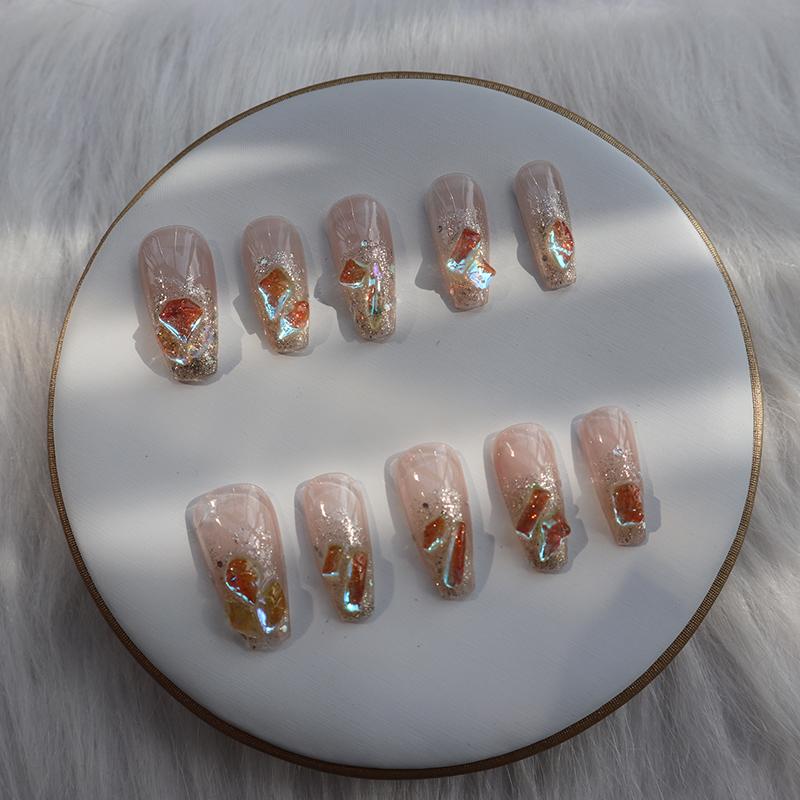 Designer: XinXin 62.Pink painting long T handmade nails Press on Nails DIY Nail