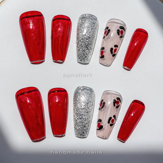 Designer: XinXin 1. Red flower Handmade transparent long T handmade nails Press on Nails DIY Nail Art Long Coffin