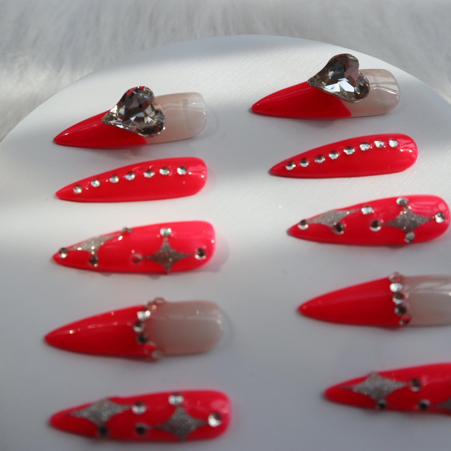 Designer: XinXin 67.Red rhinestones heart almond handmade nails Press on Nails DIY Nail