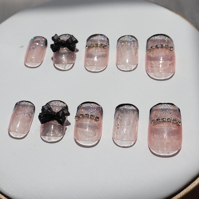 Designer: XinXin 37.Pink rhinestones black bow-knot short  handmade nails Press on Nails DIY Nail Art