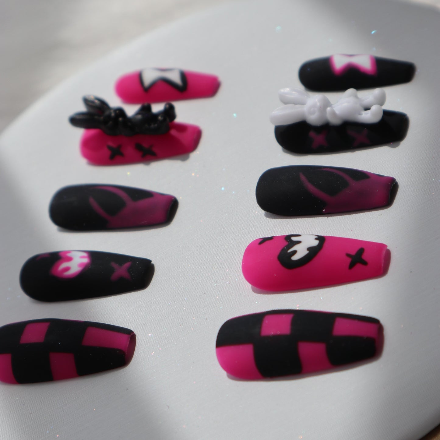 Designer: XinXin 27.Black pink hallowen style bunny handmade nails Press on Nails DIY Nail Art