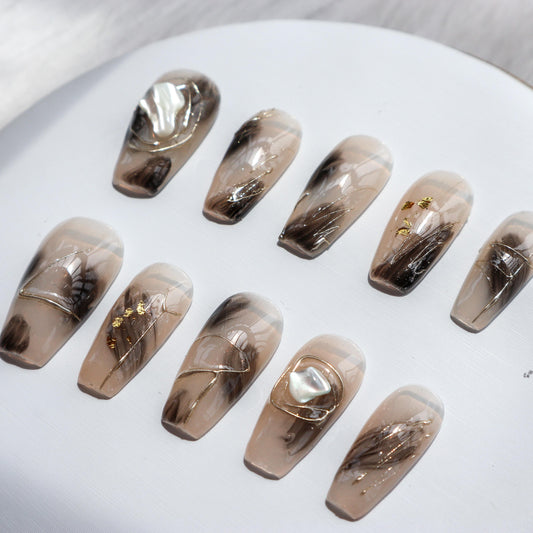 Designer: XinXin 29.Ink gold foil stone handmade nails Press on Nails DIY Nail Art