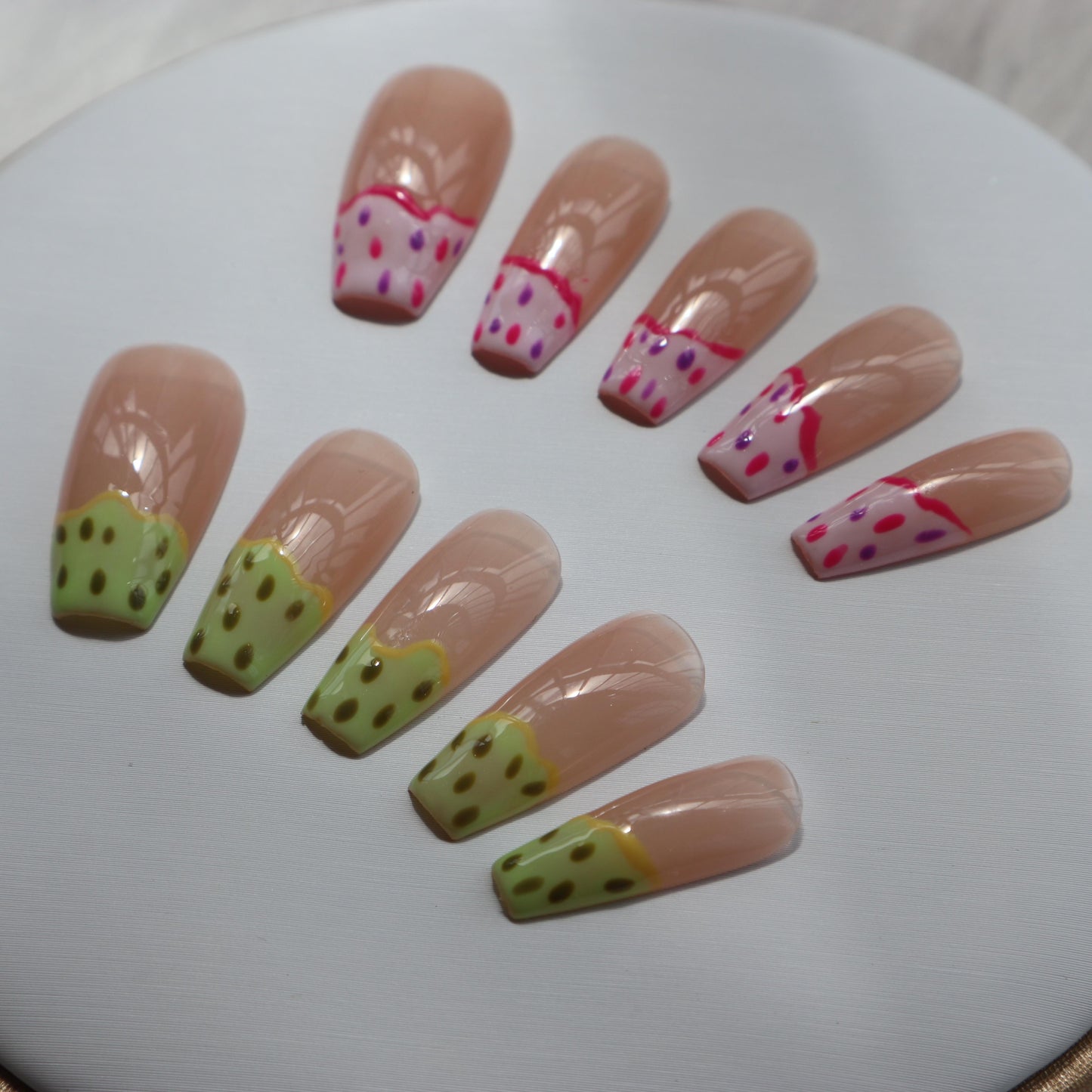 Designer: XinXin 46.Painting pink pitaya long T handmade nails Press on Nails DIY Nail