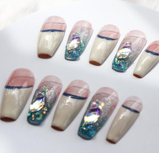 Designer: XinXin 32.Pink white french style long T handmade nails Press on Nails DIY Nail Art