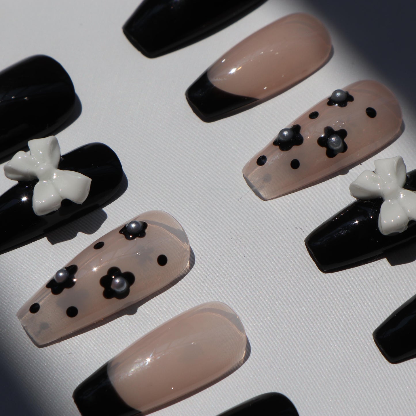 Designer: XinXin 52.Black pink little flowers bow-knot handmade nails Press on Nails DIY Nail