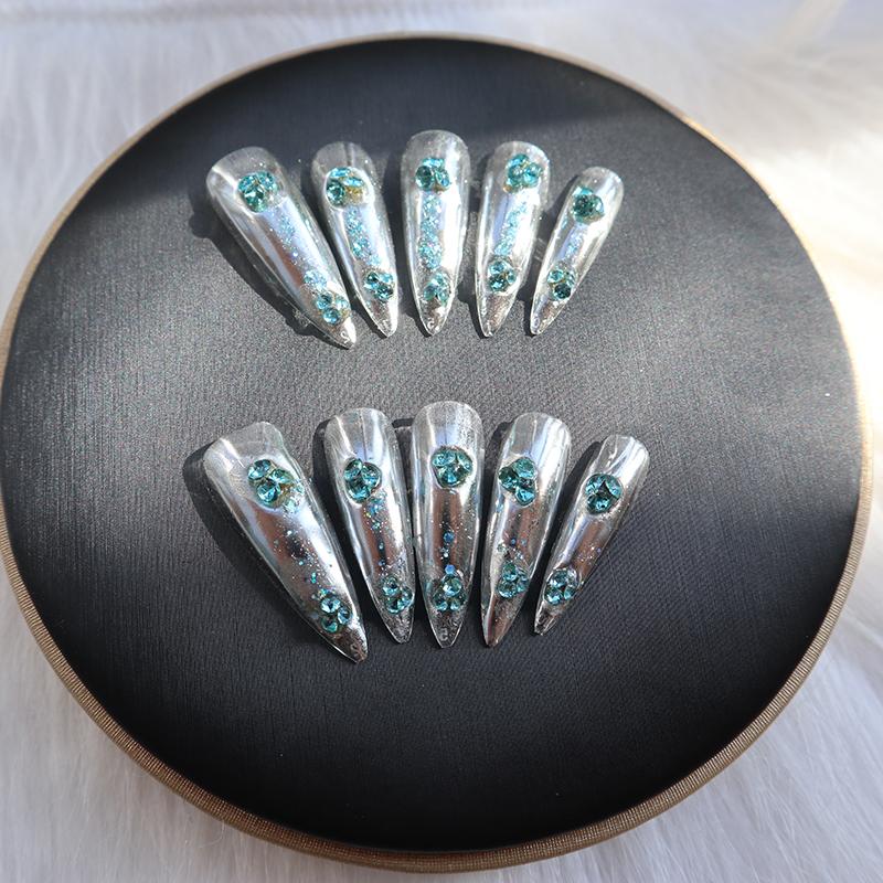 Designer: XinXin 68.Silver rhinestones almond handmade nails Press on Nails DIY Nail