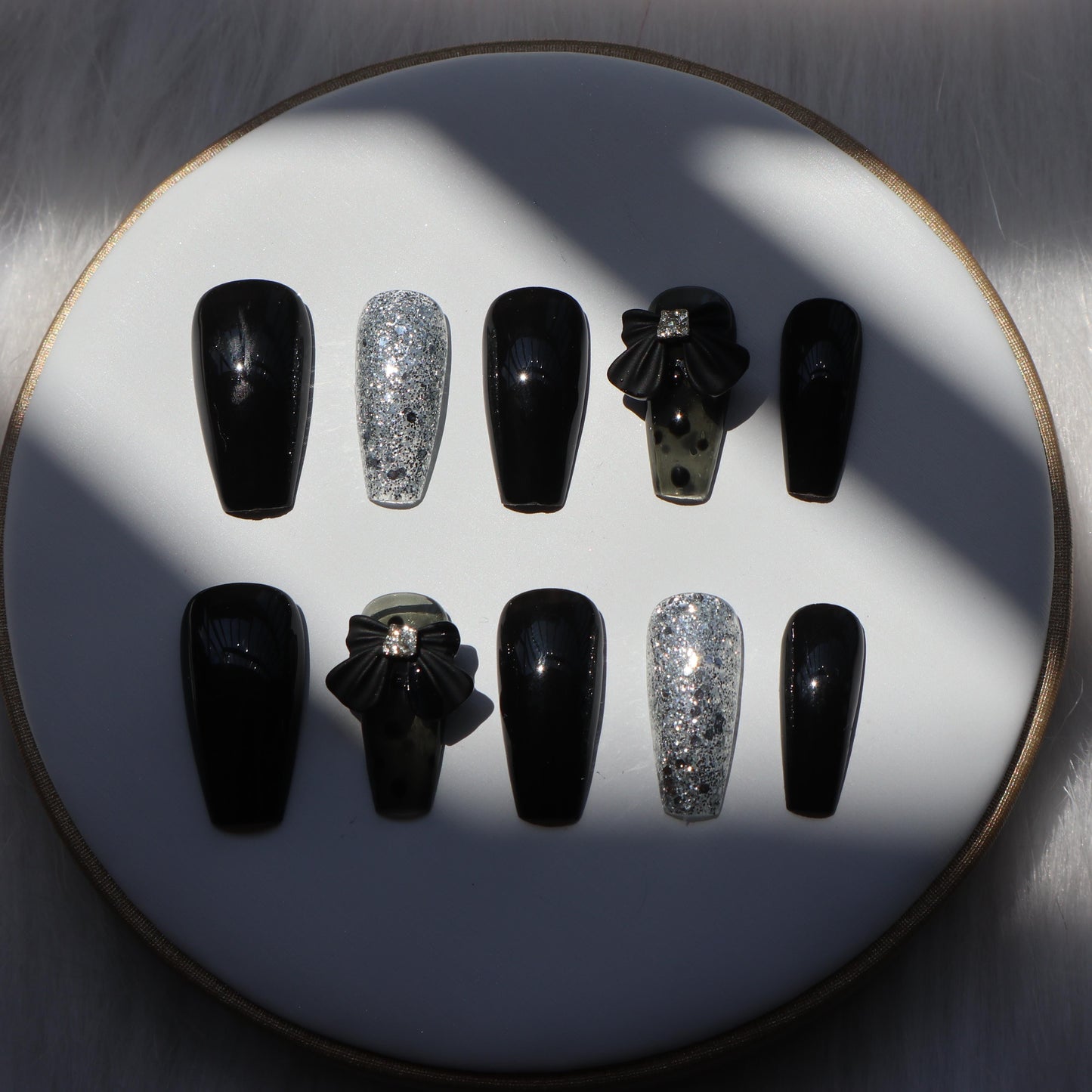 Designer: XinXin 54.Black silver bow-knot heart handmade nails Press on Nails DIY Nail