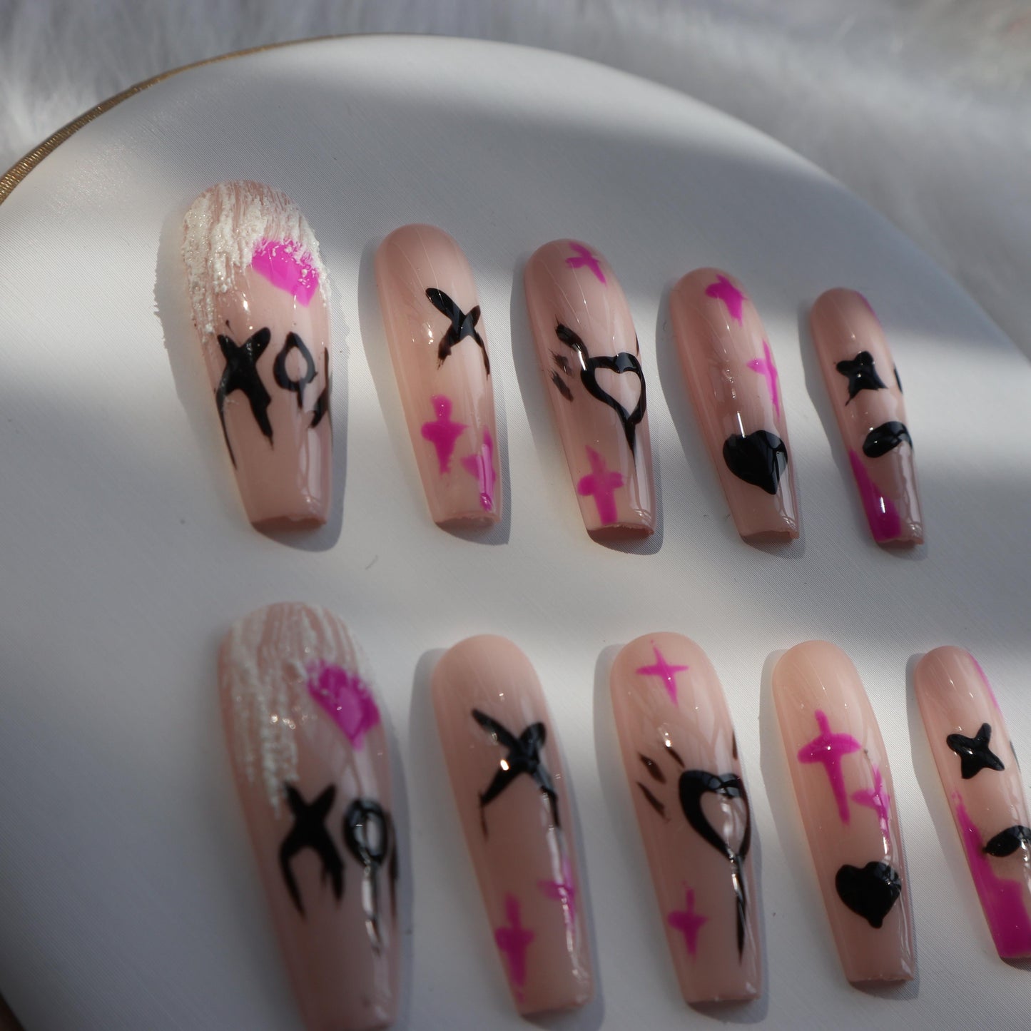 Designer: XinXin 61.Pink painting long T handmade nails Press on Nails DIY Nail