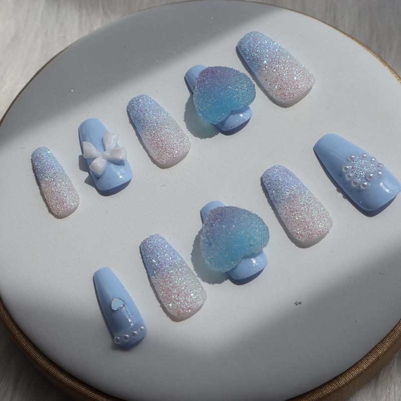 Designer: XinXin 41.Blue frosted heart bow-knot handmade nails Press on Nails DIY Nail Art