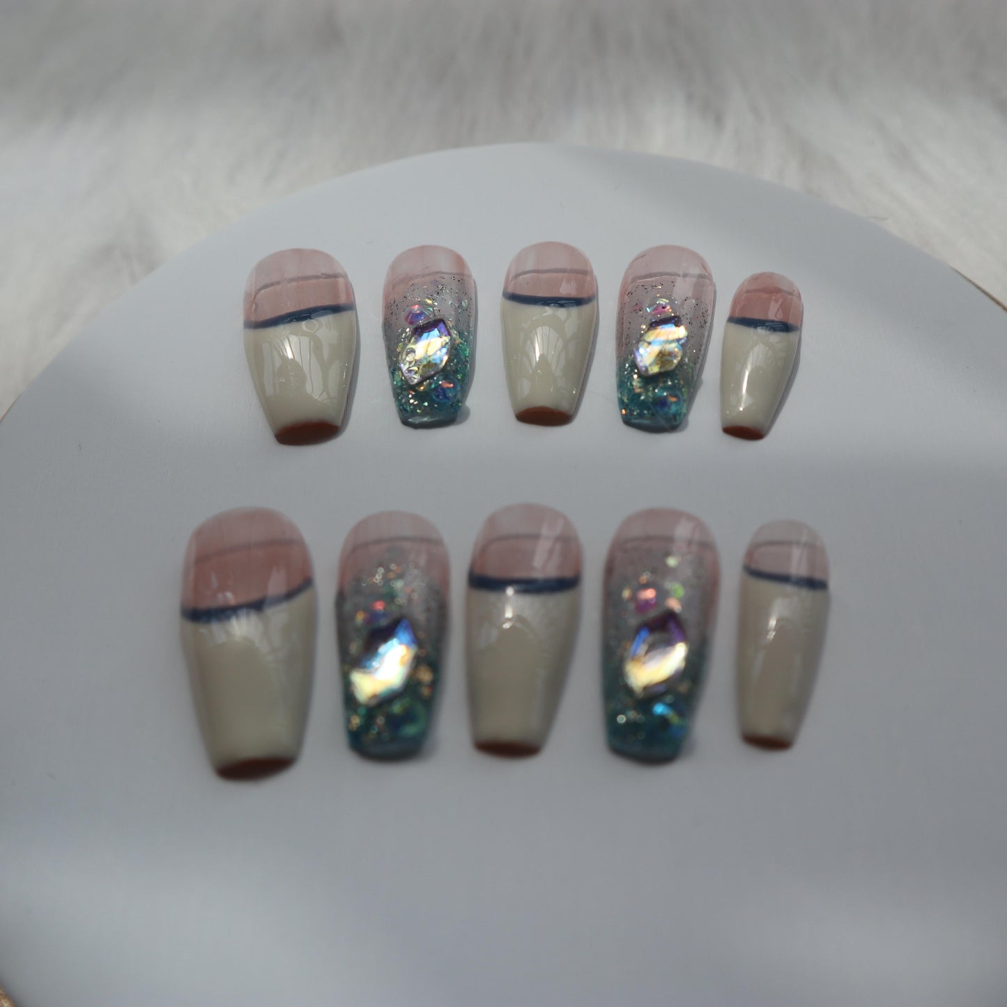 Designer: XinXin 32.Pink white french style long T handmade nails Press on Nails DIY Nail Art