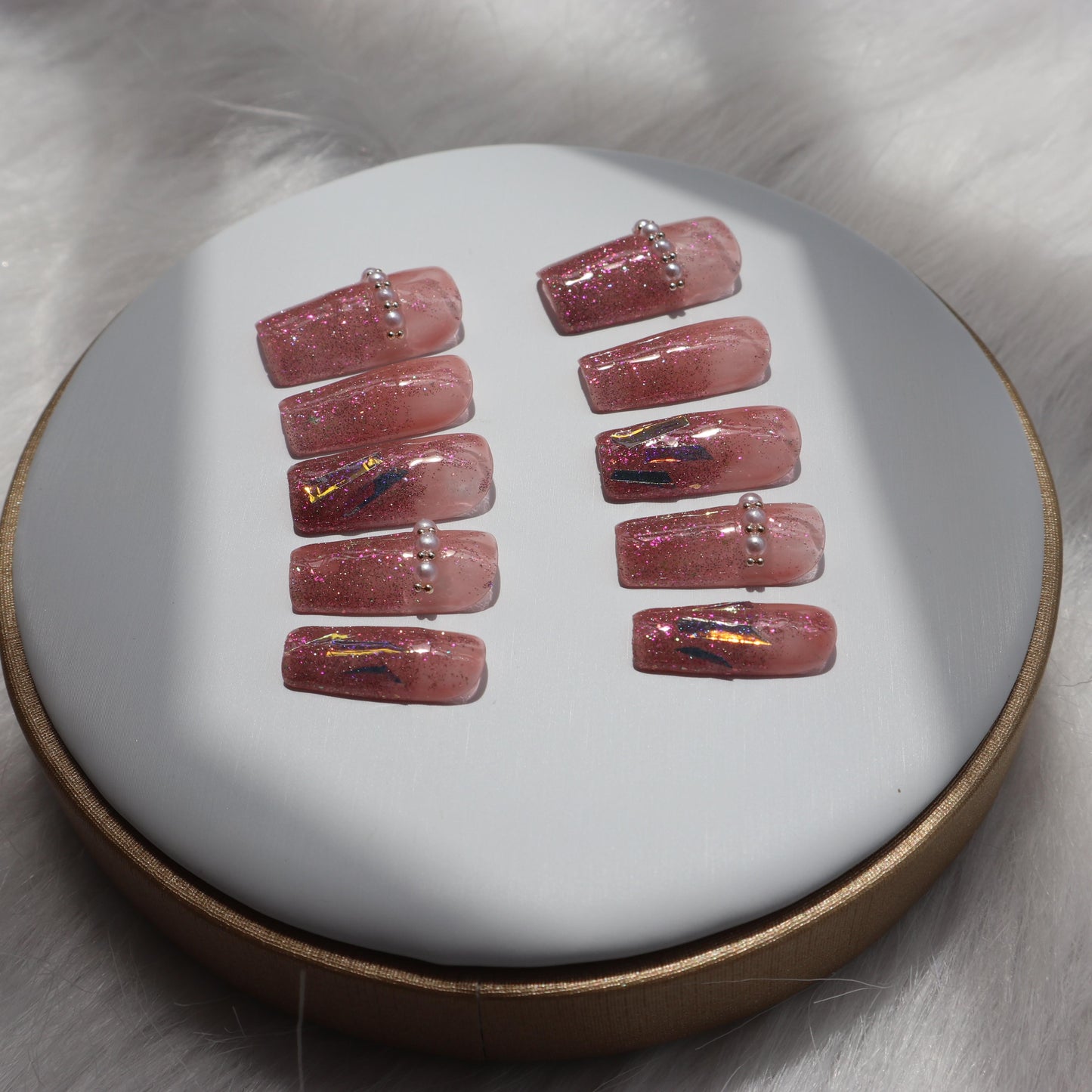 Designer: XinXin 34.Pink Shining long square handmade nails Press on Nails DIY Nail Art