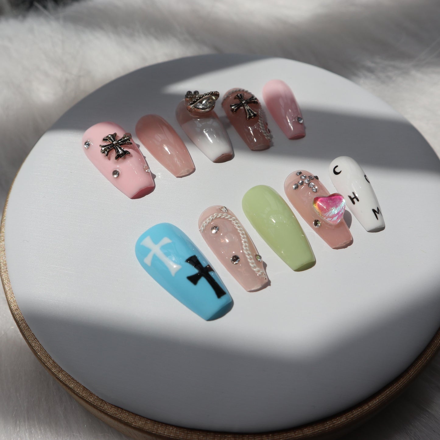 Designer: XinXin 38.Goth chrome cross heart colourful handmade nails Press on Nails DIY Nail Art