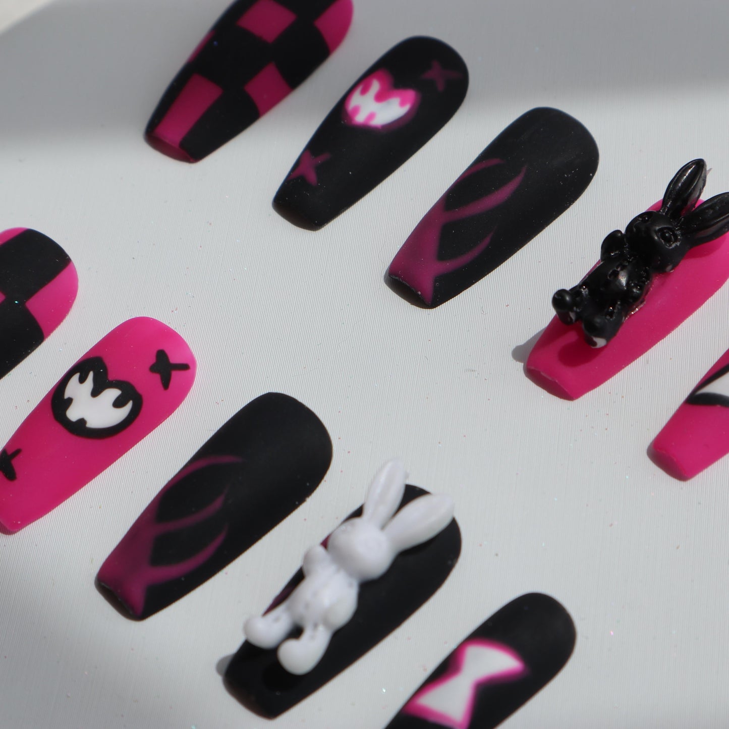 Designer: XinXin 27.Black pink hallowen style bunny handmade nails Press on Nails DIY Nail Art