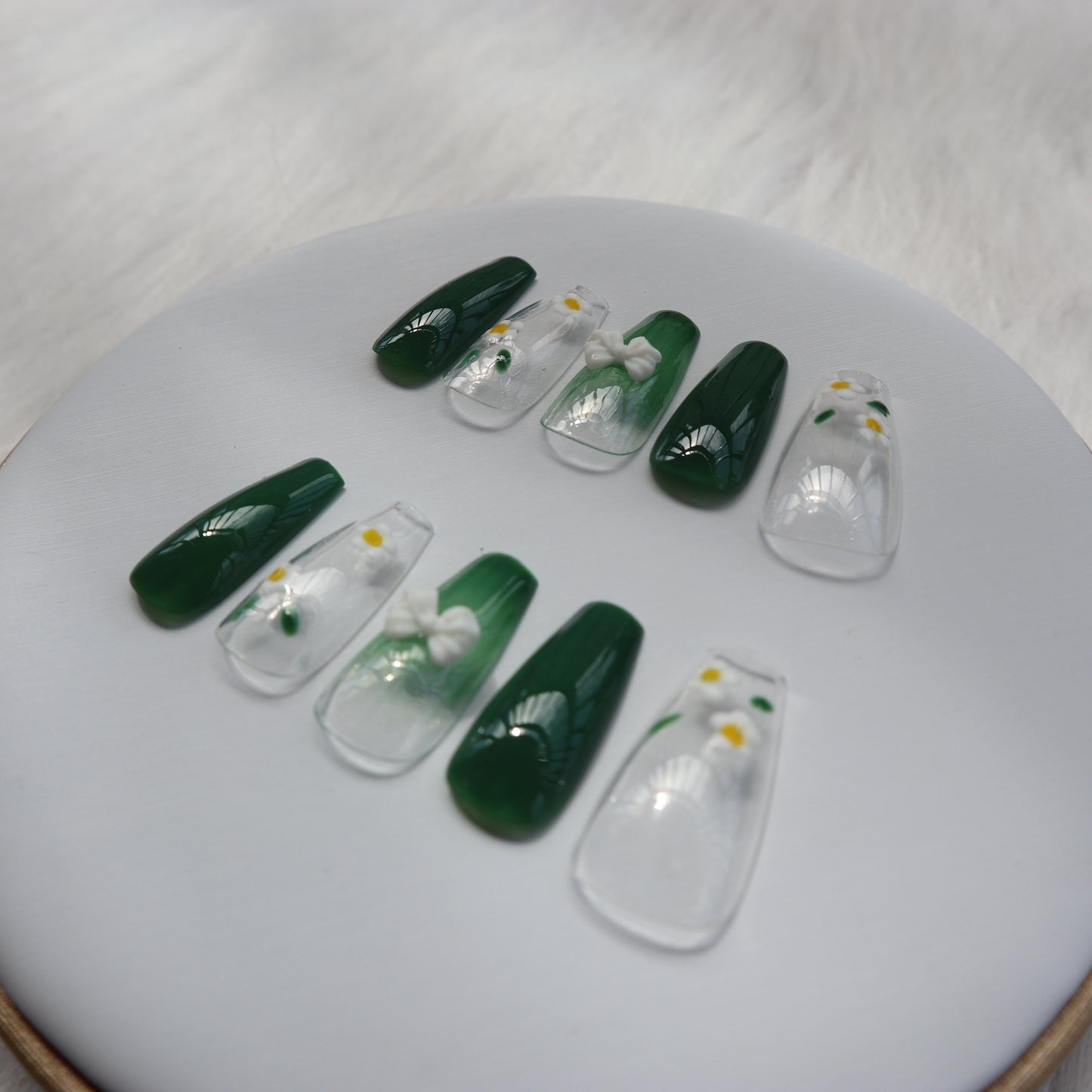 Designer: XinXin 8. Green clear flowers bow tie long T handmade nails